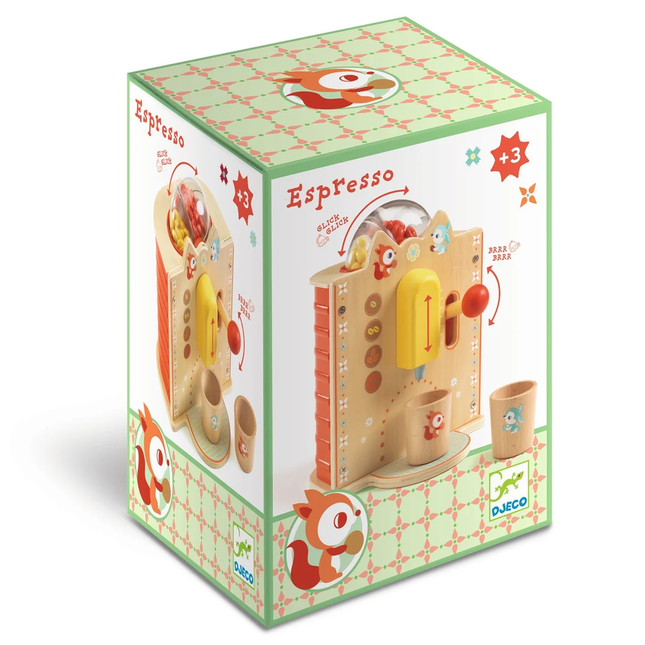 Toy espresso set packaging with cartoon characters on a white background