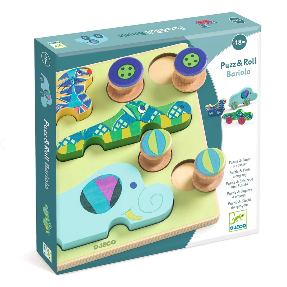 Wooden puzzle and roll toy packaging with colorful shapes on a white background