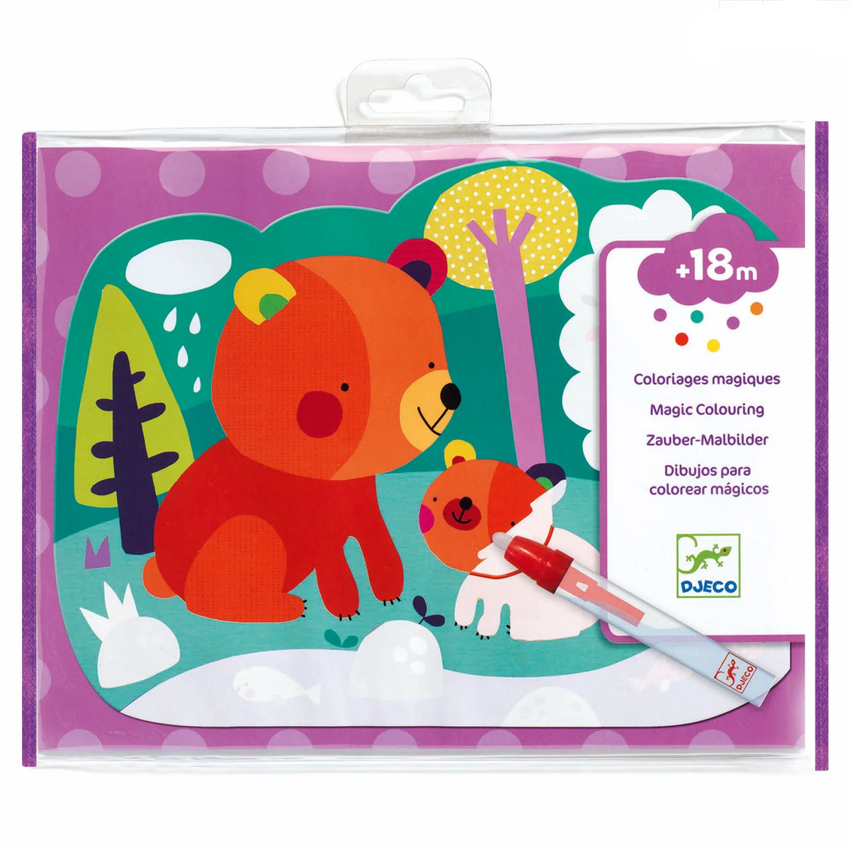 Packaged children's magic coloring set by Djeco, featuring a colorful illustrated scene with a bear, rabbit, tree, and a small coloring tube inside a clear plastic package.