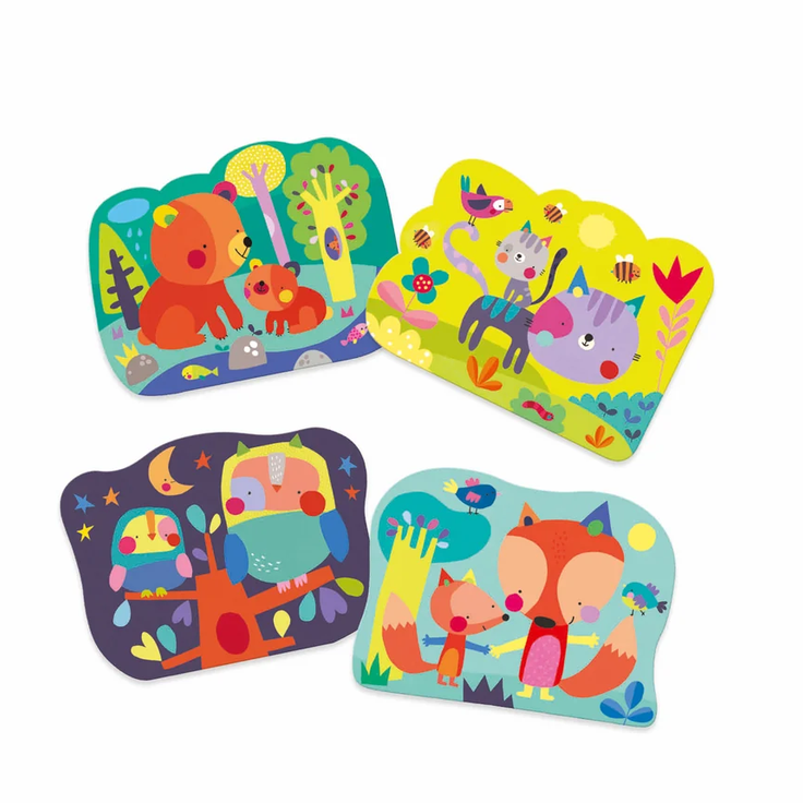 Four colorful children's wooden puzzle pieces with whimsical animal illustrations, arranged on a plain white background.