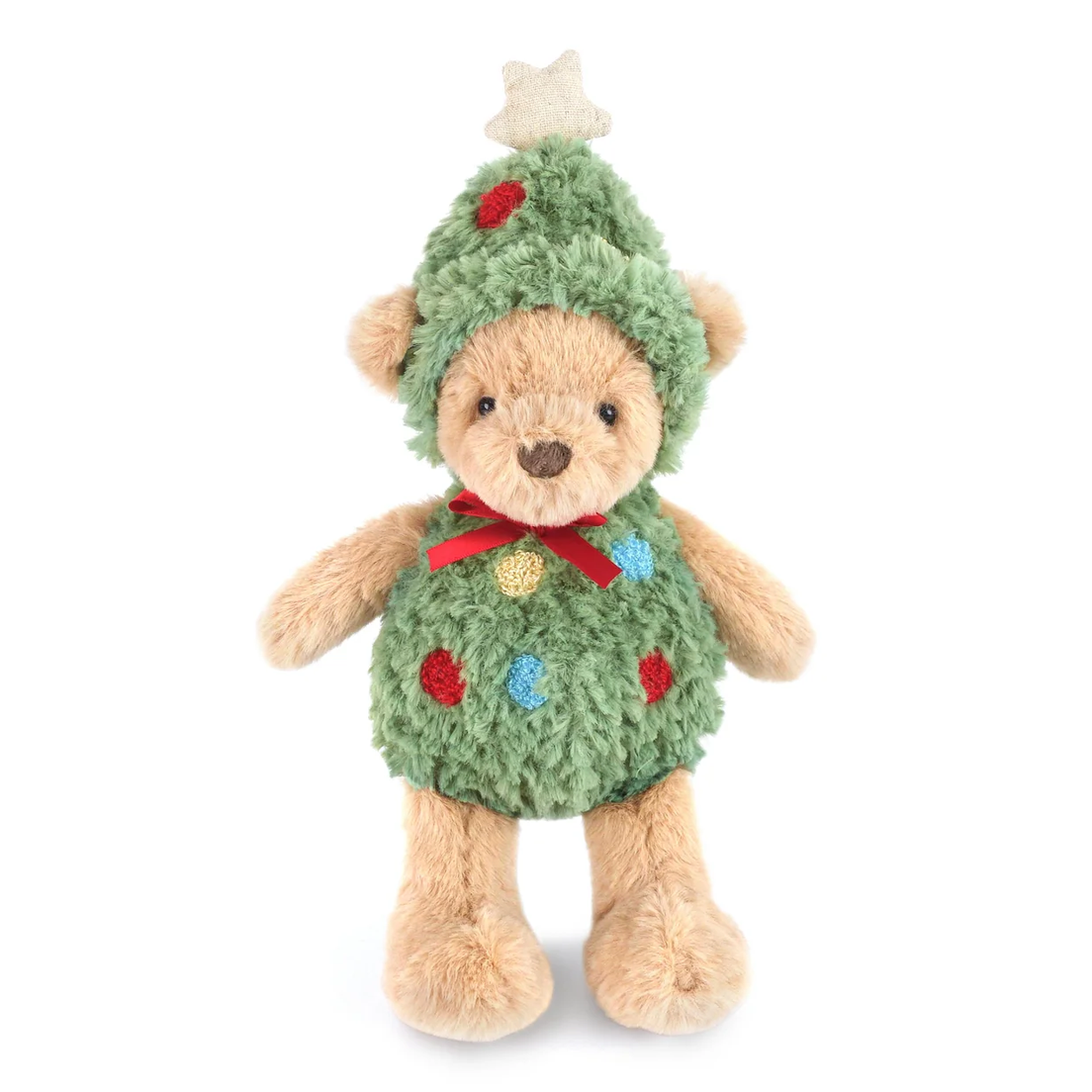 A plush teddy bear wearing a fuzzy green Christmas tree costume with red and blue ornaments, a red bow, and a small white star on top, shown on a white background.