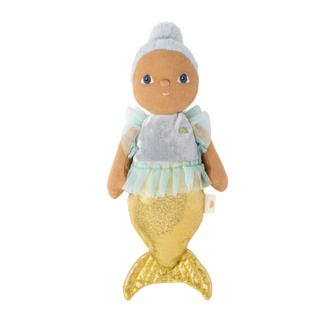 A mermaid-themed plush doll toy with a brown face and arms, a light blue hair bun, a mint green tutu, and a glittery gold mermaid tail, shown on a plain white background.