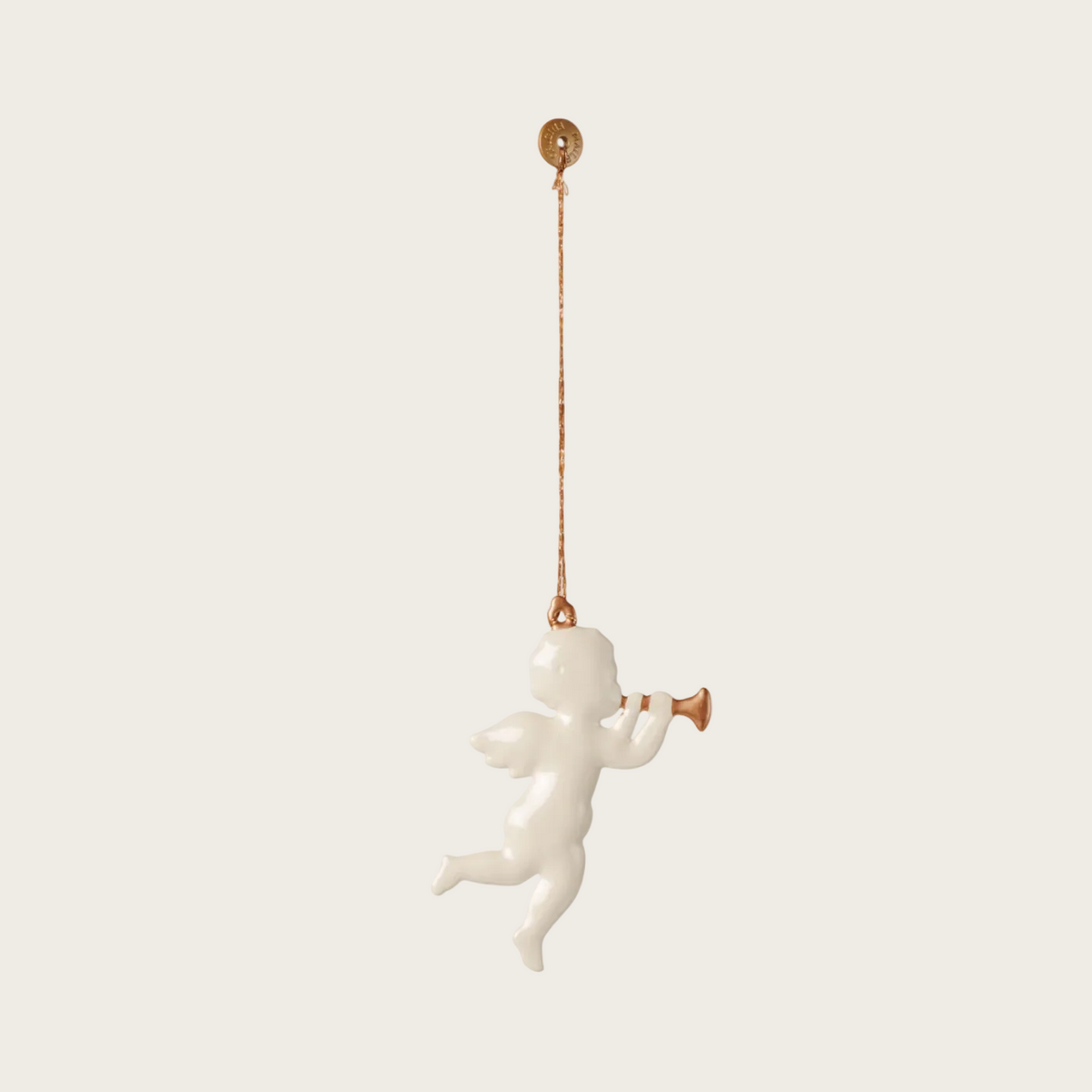 A small white cherub figurine holding a trumpet, suspended by a thin gold-toned string from a round gold-toned top piece, shown against a light gray background.