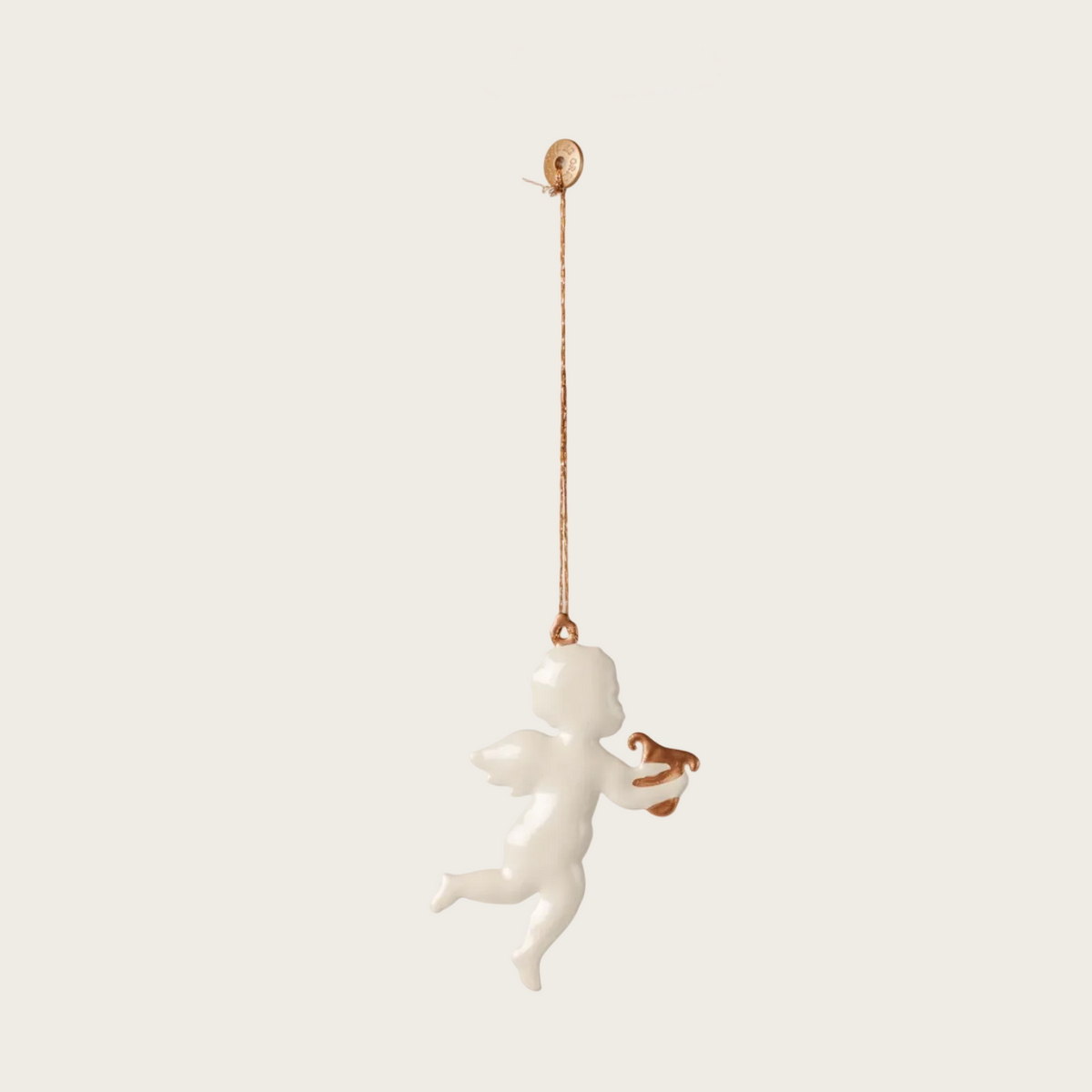 A white cherub hanging ornament with gold accents. The ornament features a white glossy figure holding a small gold bow, suspended by a gold chain from a gold button.