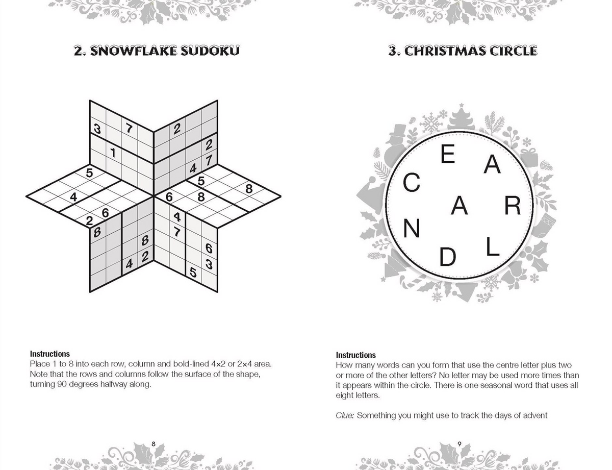 A black and white printed worksheet page with two puzzle sections: a 3D snowflake Sudoku puzzle on the left and a Christmas circle word puzzle on the right, with instructions below each puzzle and decorative snowflake borders.