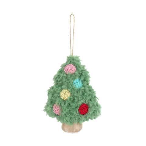 A small fuzzy green Christmas tree ornament with colorful round baubles in pink, yellow, blue, and red, hanging from a thin gold string against a plain white background.