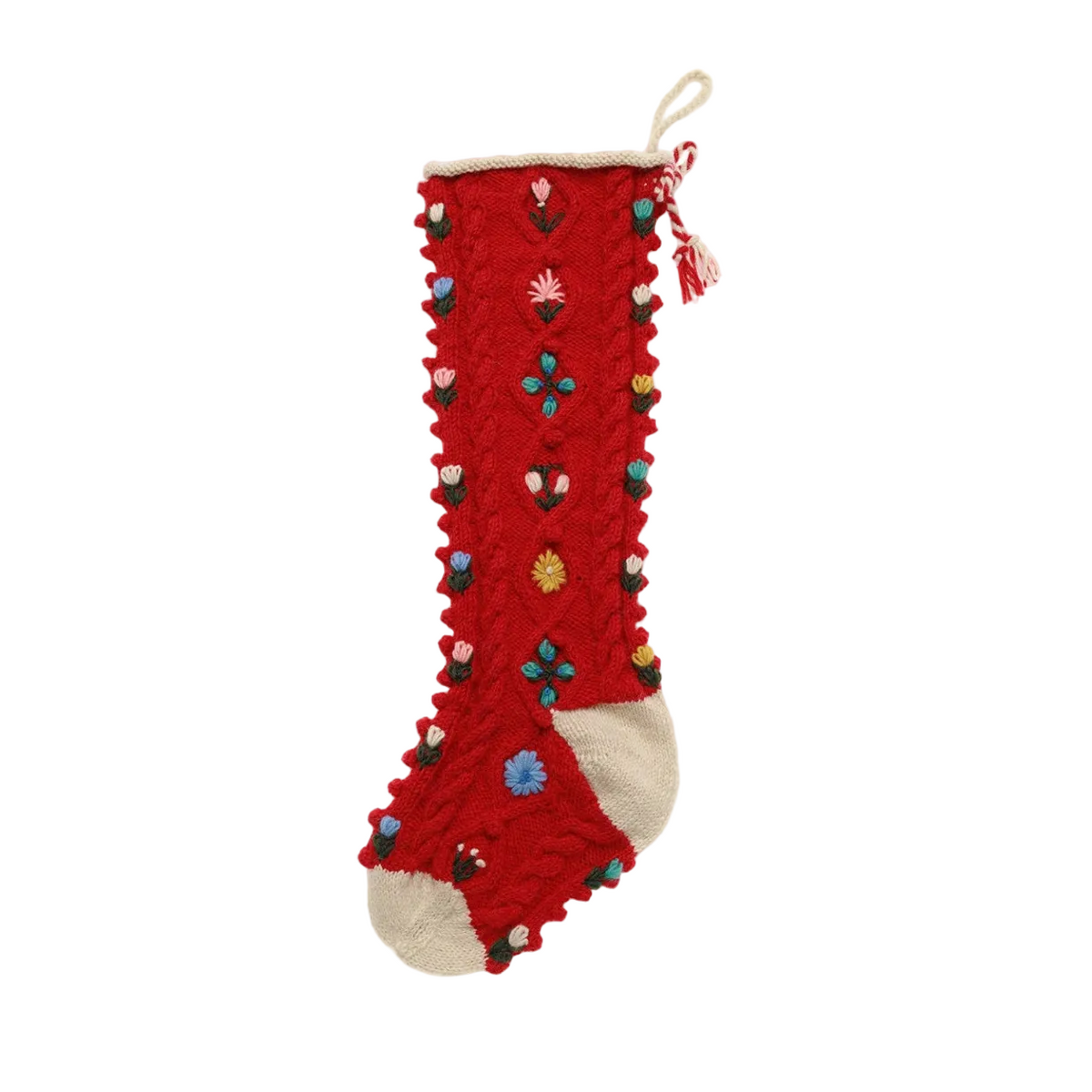A red Christmas stocking with white faux fur trim, a white cuff, and colorful embroidered floral patterns, shown against a white background within a larger dark interface.