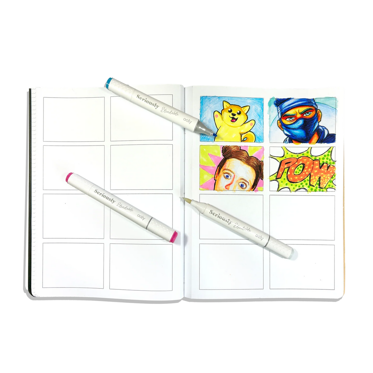 Notebook with stickers and pens on a white background