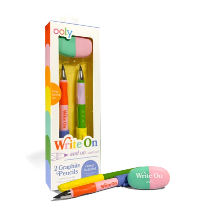 Set of colorful pencils with 'Write On' packaging on a white background