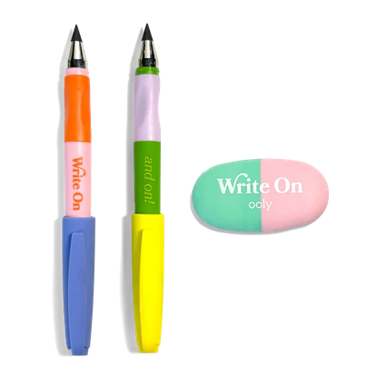 Colorful pens and a pill-shaped object with 'Write On' text on a white background
