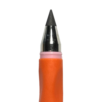 Close-up of a pen with an orange body, silver cap, and black tip on a white background