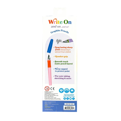 Packaging of Write On graphic pencils with colorful design on a white background