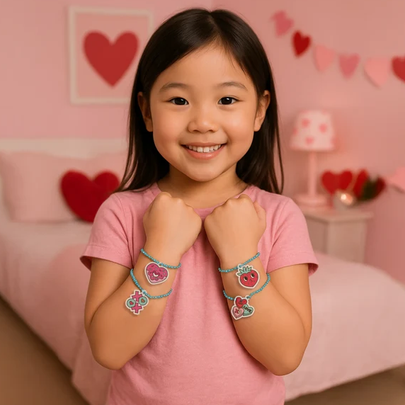 A young girl with dark hair smiles in a pink bedroom while wearing colorful heart-themed string bracelets on her wrists. The room has a pink bed, heart decorations, and a pink nightstand.