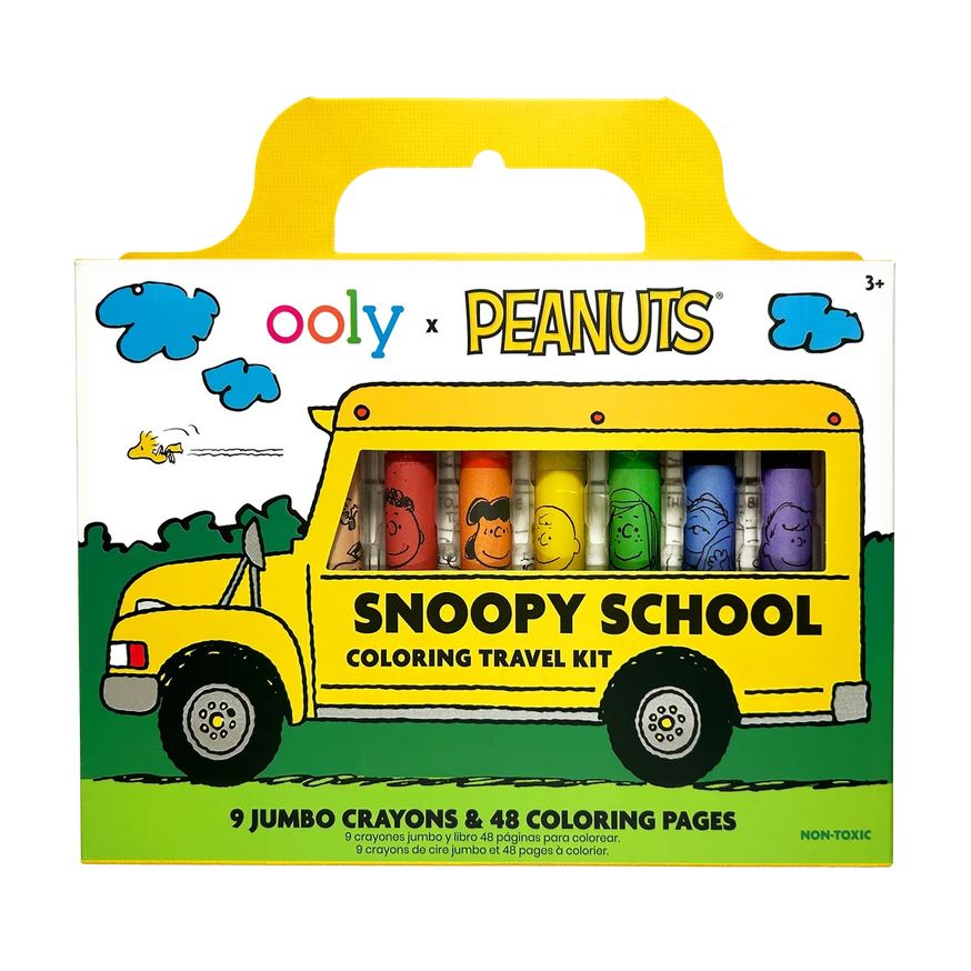 Oooly x Peanuts Snoopy School Coloring Travel Kit in a yellow school bus-shaped box with a yellow handle, showing 9 jumbo crayons and 48 coloring pages.