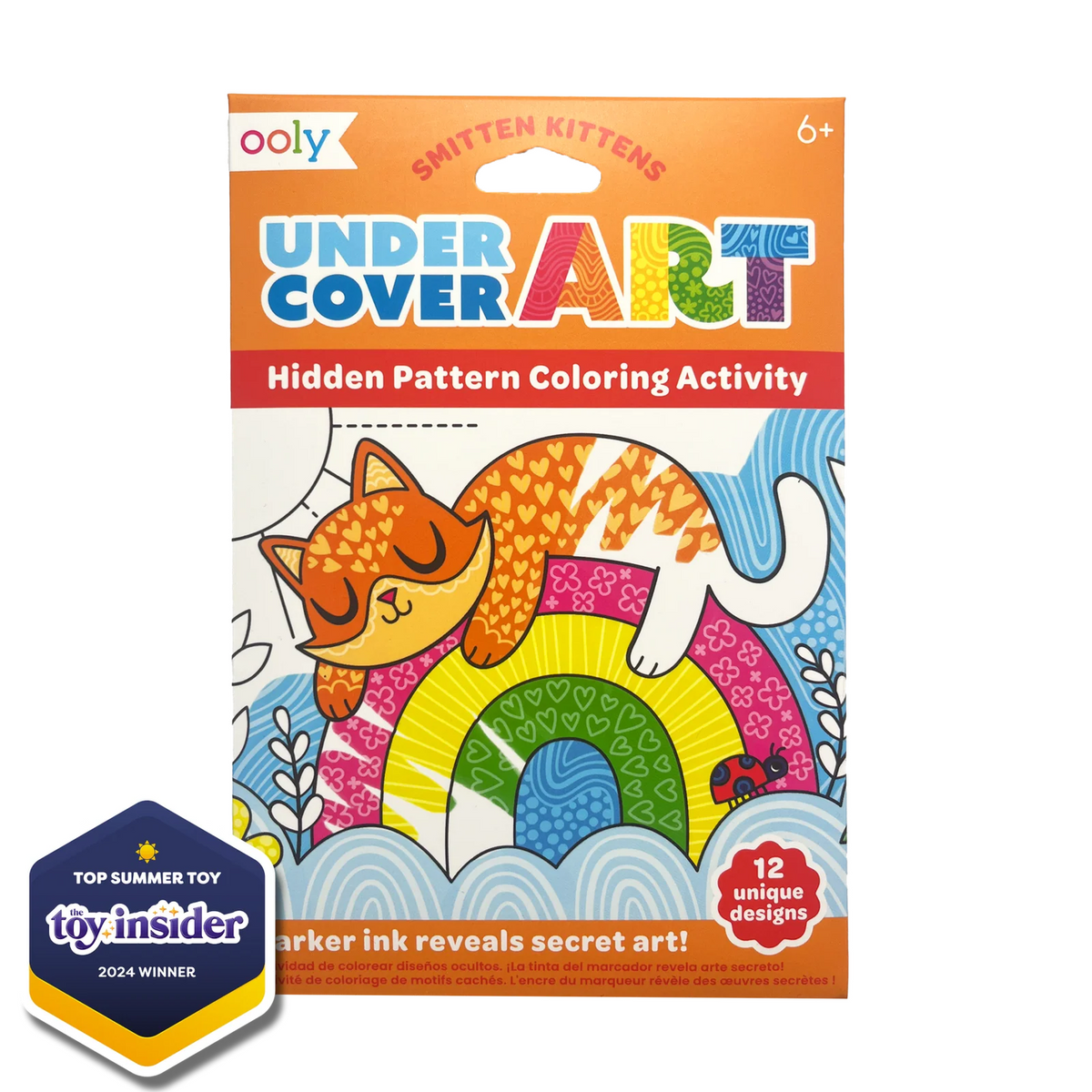 Ooly Under Cover Art Hidden Pattern Coloring Activity packaging, featuring a cartoon kitten and rainbow design on an orange and white box, with a blue and gold Top Summer Toy Insider badge in the lower left.