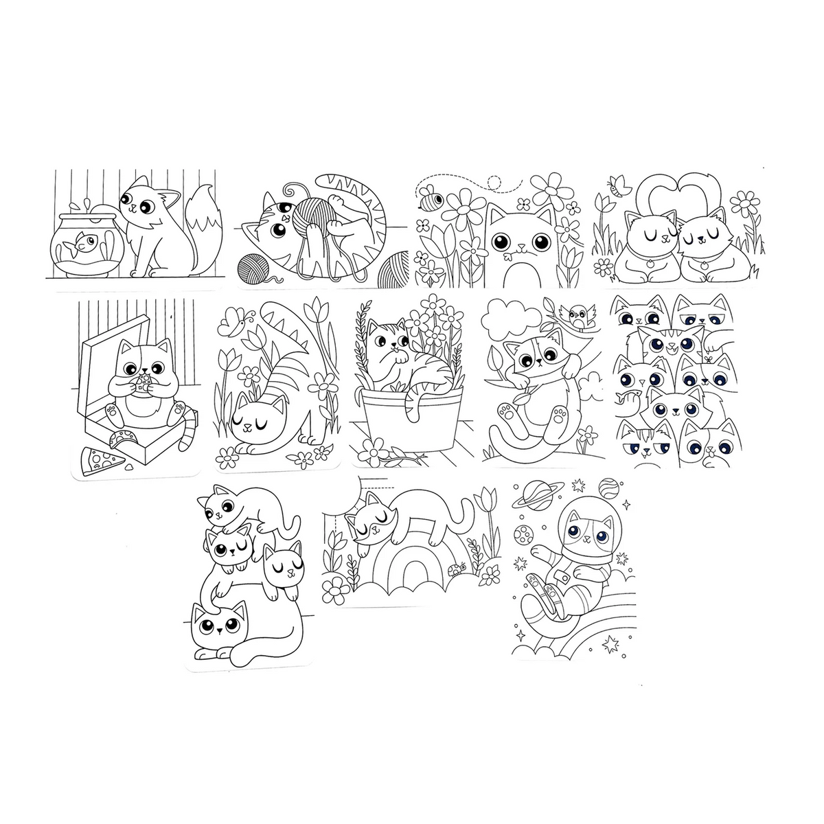 Set of black and white cat illustrations arranged in a grid pattern on a white background.