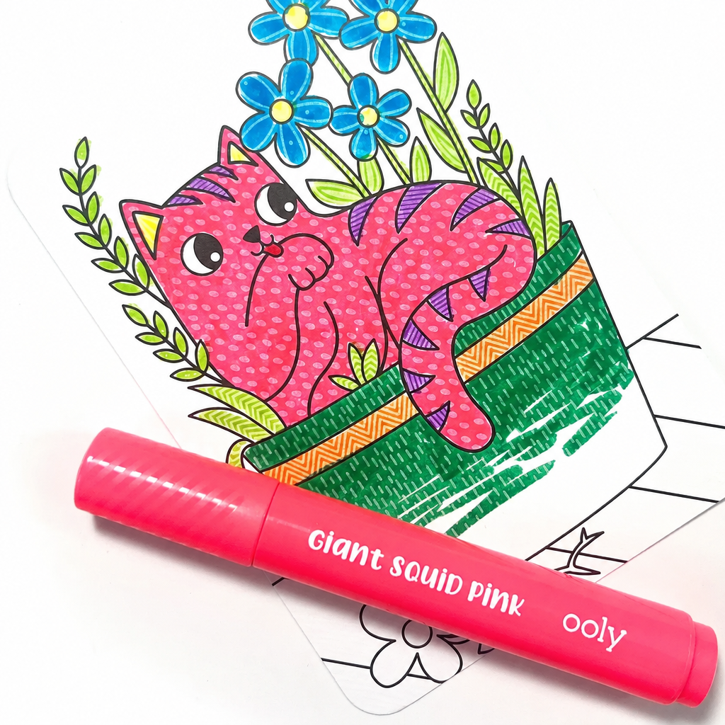 Pink marker labeled 'giant squid pink' by OOLY on a coloring page with a pink cat and flowers.
