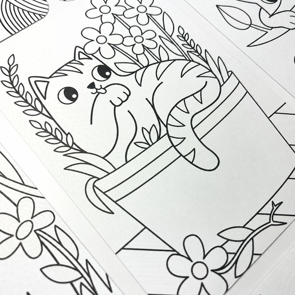 A close-up of a black-and-white line art coloring page featuring a cute cat peeking out of a flower pot surrounded by flowers and leaves, with other pages partially visible underneath.