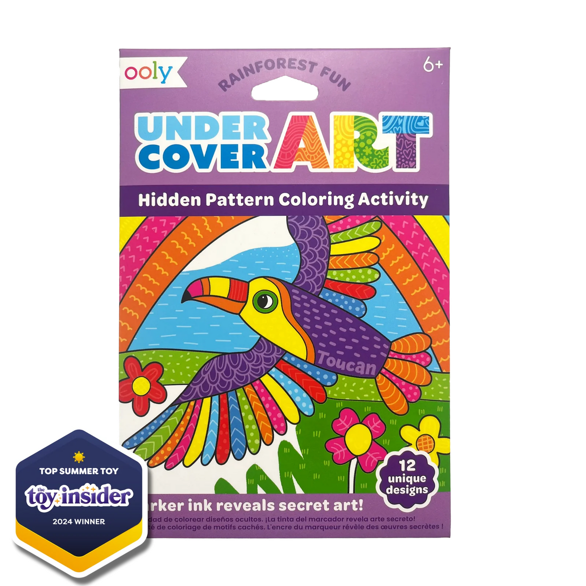 Ooly Under Cover Art Hidden Pattern Coloring Activity packaging, featuring a colorful toucan illustration on the front. The package is purple with rainbow accents and includes a blue 'Top Summer Toy Insider 2024 Winner' badge in the bottom-left corner.