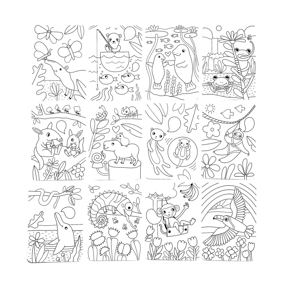 Collection of black and white line drawings of animals and nature on a white background