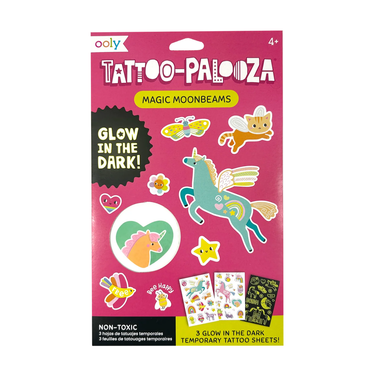 Ooly Tattoo-Palooza Magic Moonbeams temporary tattoo sheet package, featuring a bright pink card with colorful moonbeam, unicorn, butterfly, and star designs, plus small sample photos of the three included temporary tattoo sheets.