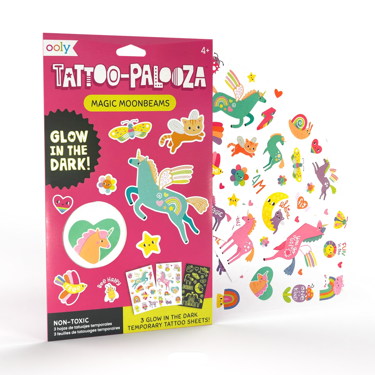 Ooly Tattoo-Palooza Magic Moonbeams glow-in-the-dark temporary tattoo set packaging with tattoos displayed.