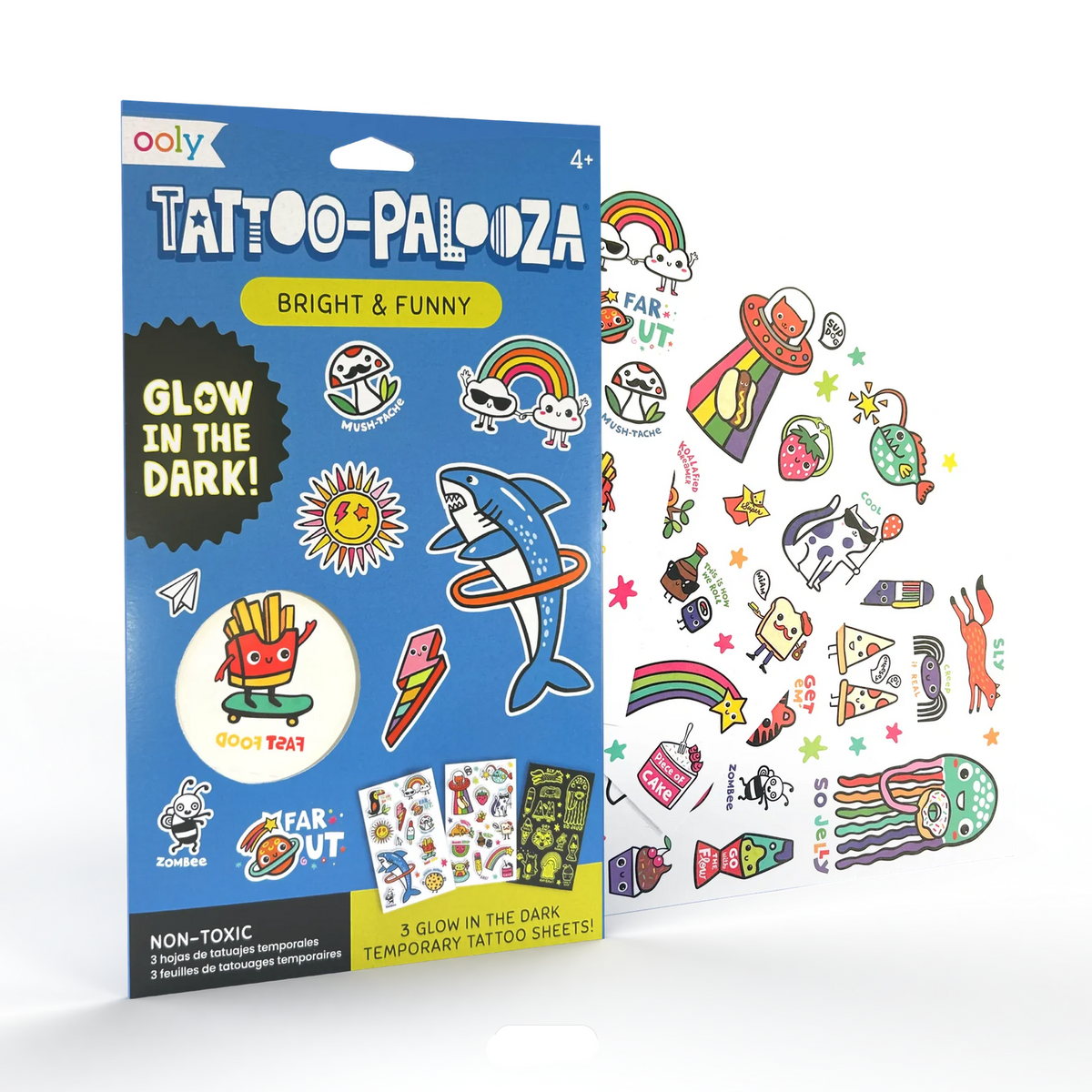 Ooly Tattoo-Palooza temporary tattoo sheets in a blue package, shown with several sheets fanned out beside the box on a clean white background.