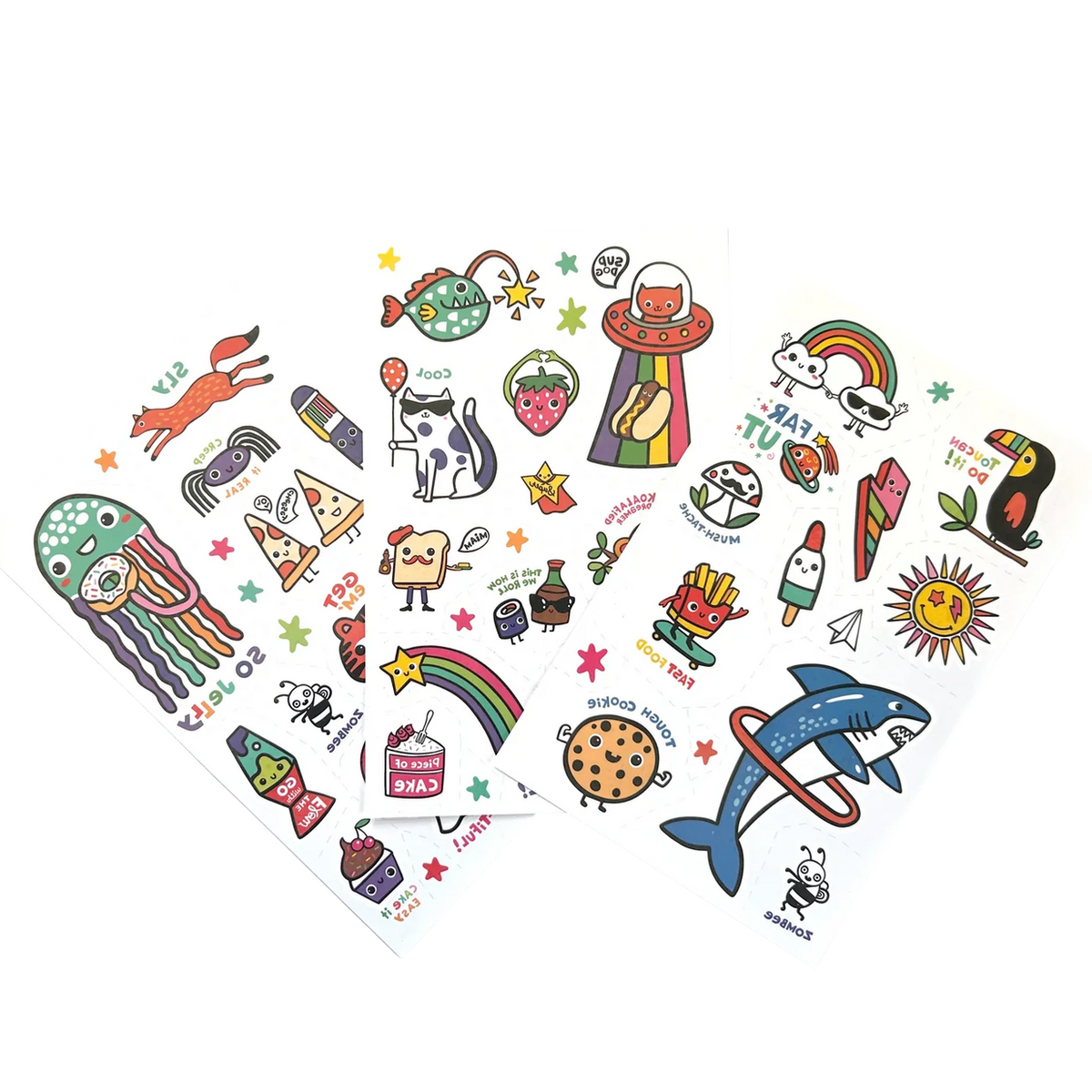 Collection of colorful cartoon stickers arranged in a heart shape on a white background