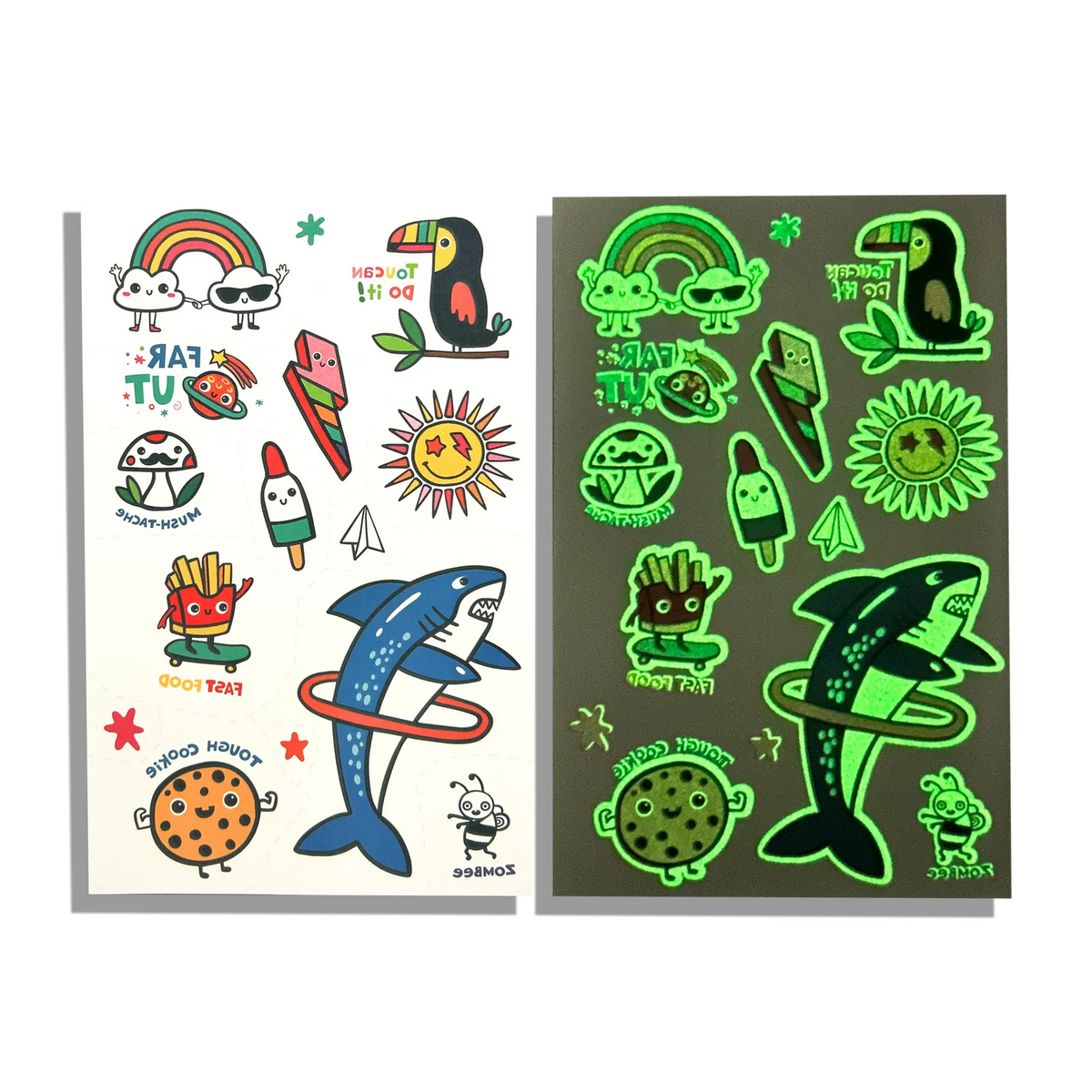 Two sheets of colorful stickers featuring various designs on a white background.