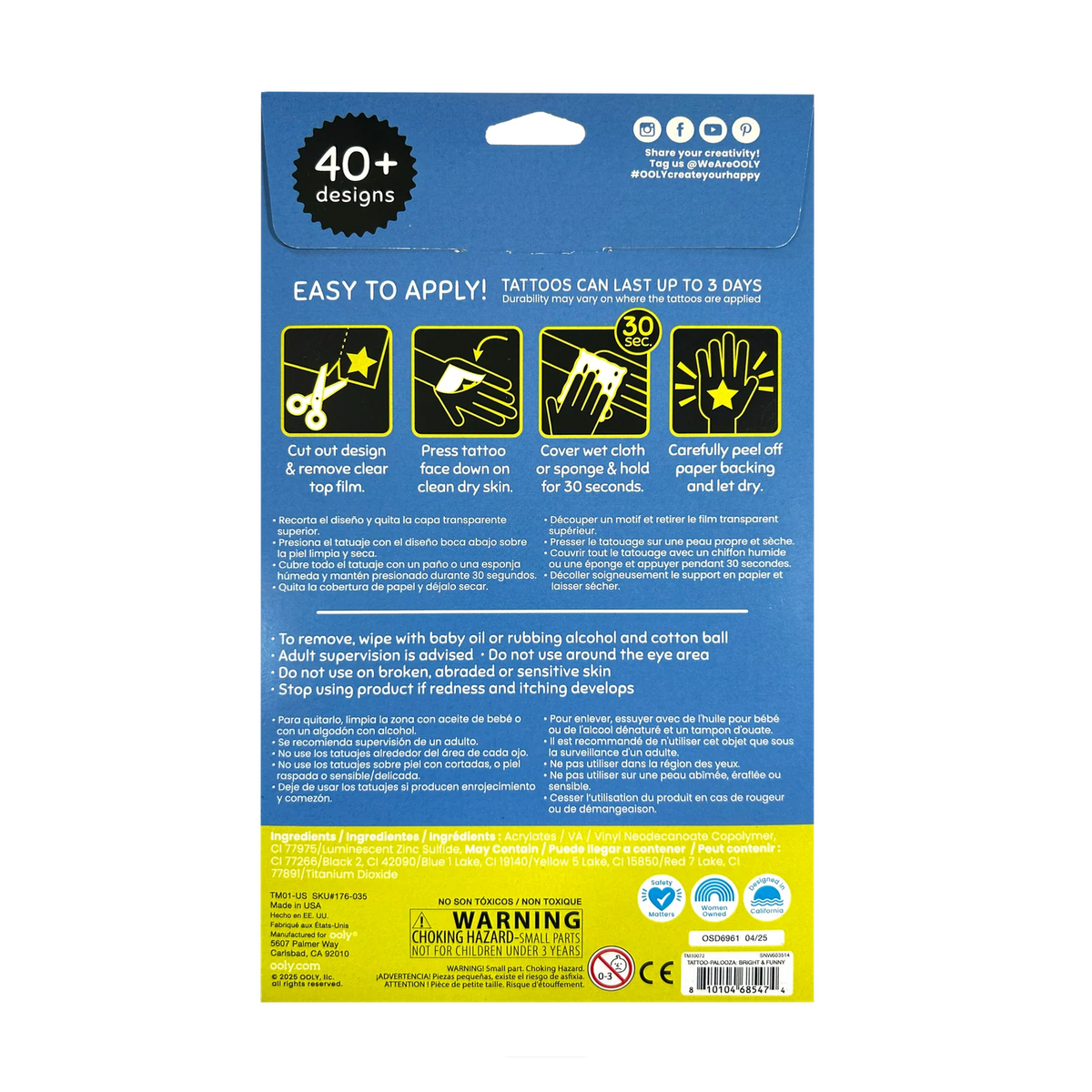 Back of a tattoo packaging with application instructions and design details.