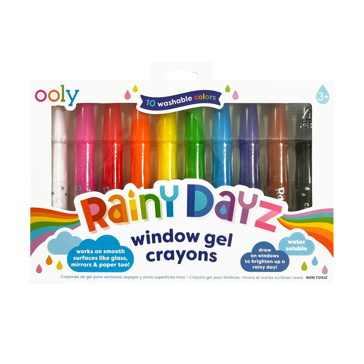 Ooly Rainy Dayz window gel crayons in a clear plastic blister pack with a white printed label. The set contains 10 washable gel crayons in a rainbow of colors, visible through the transparent window.