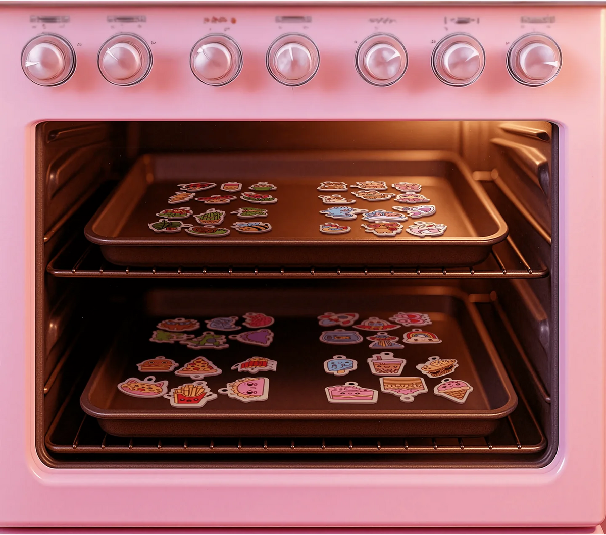 Pink oven with cookie sheets inside, featuring decorative cookie cutouts.