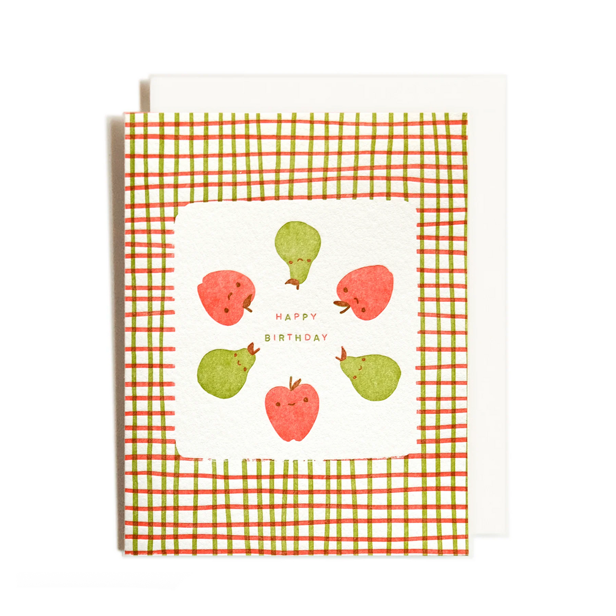 A handmade greeting card with a red and orange gingham border and a central white square featuring watercolor fruits (strawberries and pears) with the text 'HAPPY BIRTHDAY'.