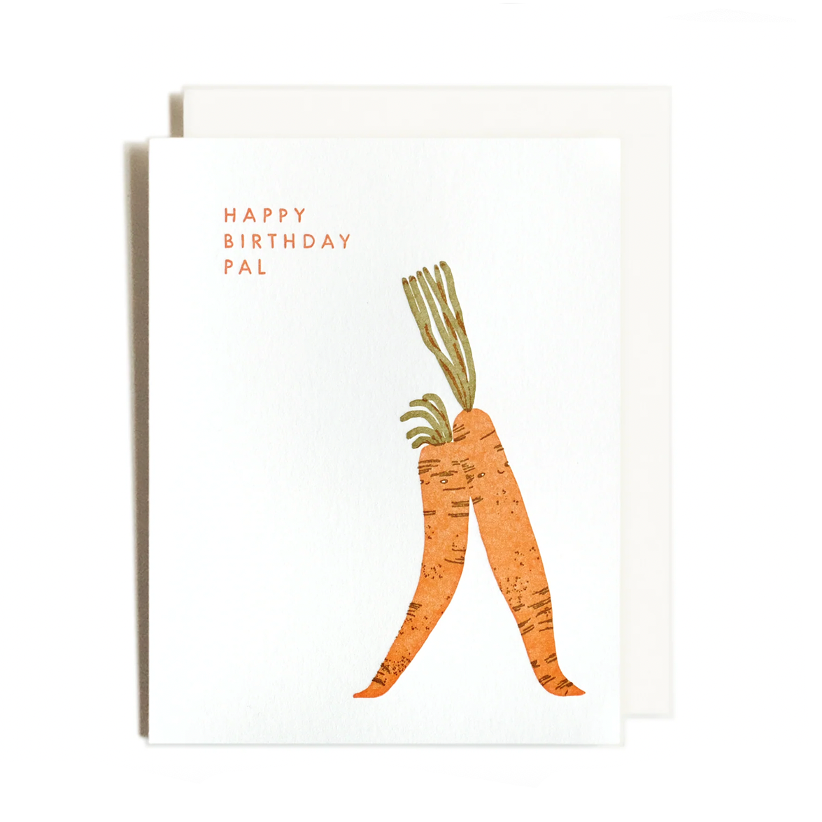 A greeting card from Letterpress Studio featuring an illustration of two carrots with green tops and the text 'HAPPY BIRTHDAY PAL' in orange, shown on a white background with a white envelope behind it.