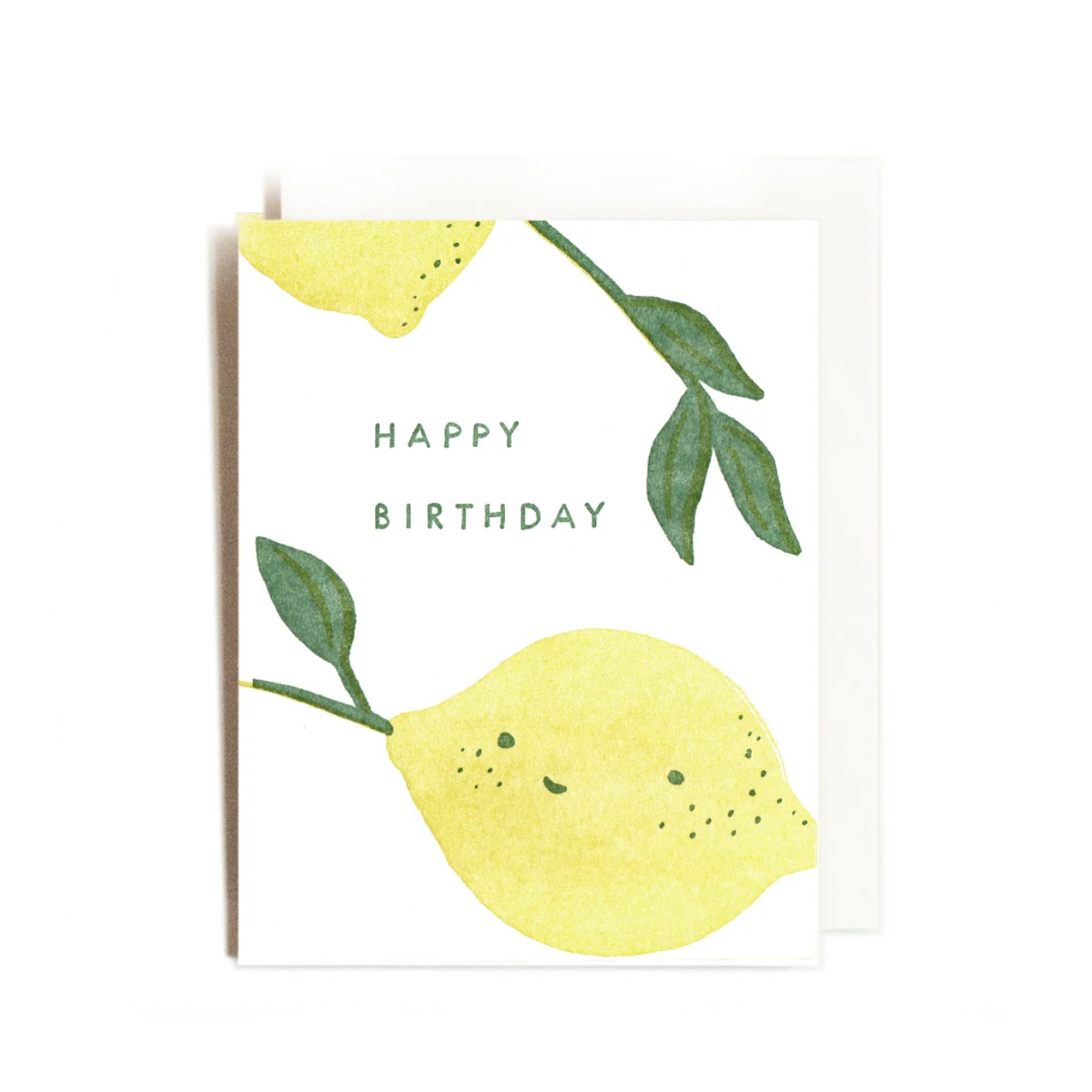 A watercolor-style birthday card with yellow lemons, green leaves, and the words “HAPPY BIRTHDAY” on a white card, shown on a computer screen mockup. The card is from Letterpress Studio, whose logo is visible at the top.