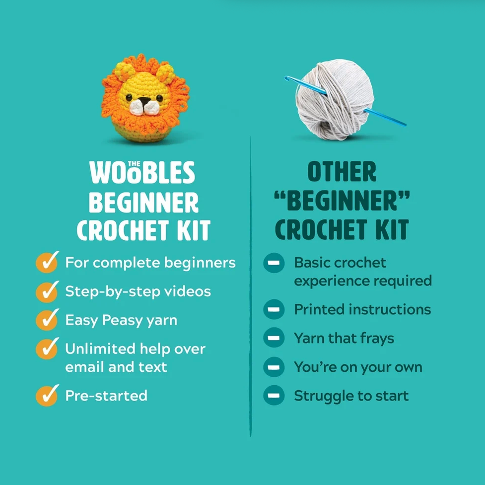 Promotional comparison graphic for crochet kits on a teal background. Left side shows the 'Woobles Beginner Crochet Kit' with a small crocheted lion illustration and bullet points about it being for complete beginners, having step-by-step videos, using easy peasy yarn, offering unlimited help, and being pre-started.