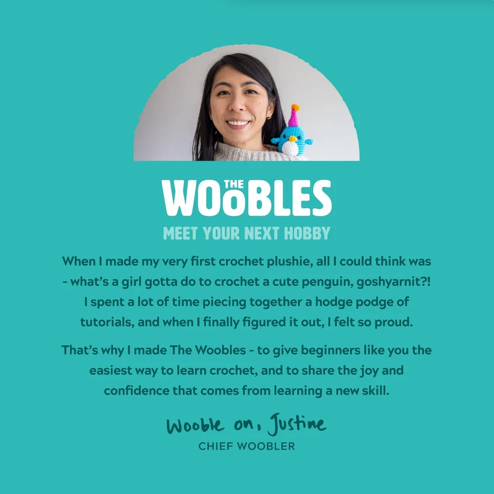 A teal promotional card featuring a circular photo of a smiling woman at the top and text below that reads 'THE WOOBLES MEET YOUR NEXT HOBBY' followed by a testimonial quote and the signature 'Chief Woobler.'.