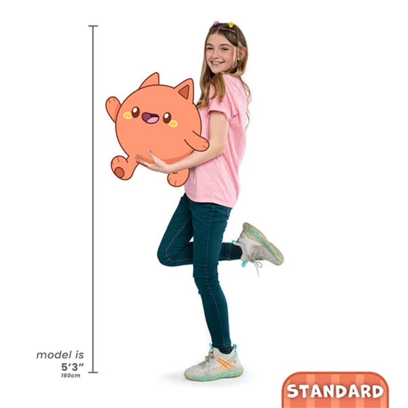 A child model stands on a white background holding a large orange plush toy. A height marker on the left notes the model is 5'3" (160cm), and a red badge in the bottom right says STANDARD.