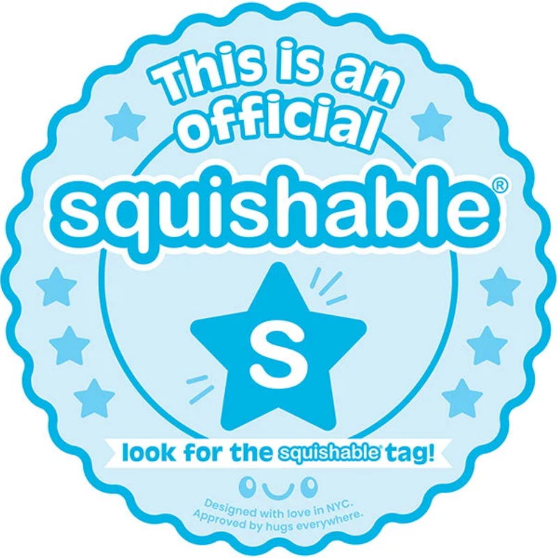 A circular light blue and white official Squishable tag graphic with the text 'This is an official squishable' and a large blue star containing a white letter S in the center.