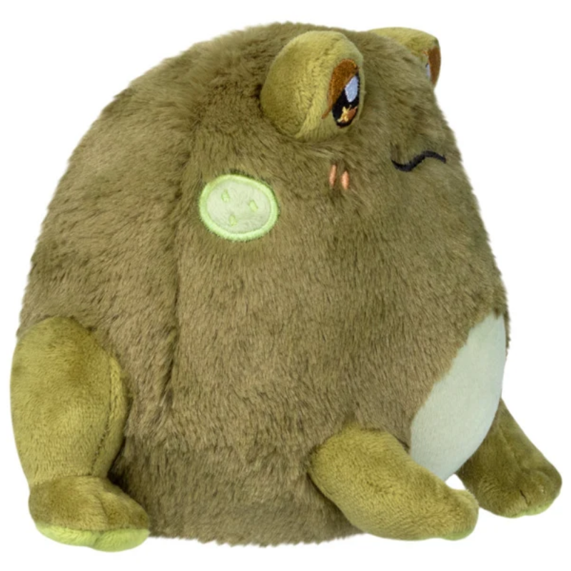 A plush toy frog in olive green and brown with a white belly, sitting against a plain white background.