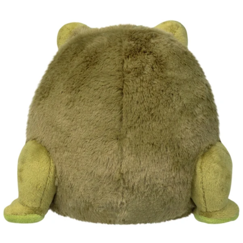 A plush frog toy shown from the back, featuring a round, fuzzy olive-green body with lighter yellow-green feet and ears, set against a plain white background.
