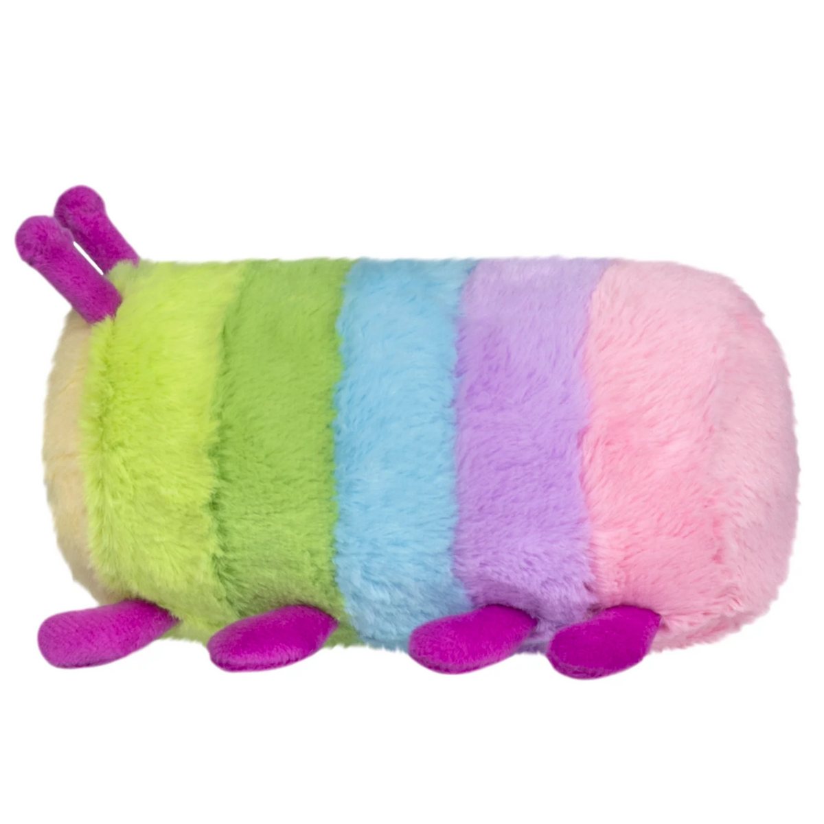 A plush caterpillar toy with soft, fuzzy horizontal stripes in cream, lime green, light blue, lavender, and pink, with bright magenta antennae and legs, shown on a plain white background with small thumbnail images along the bottom.
