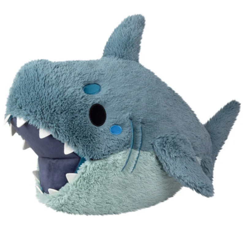 Plush shark toy with open mouth on a white background