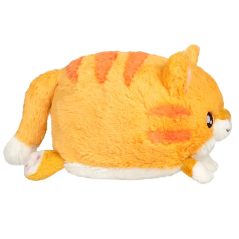 An orange and yellow fluffy cat-shaped plush toy with white paws and a white muzzle, shown on a plain white background.