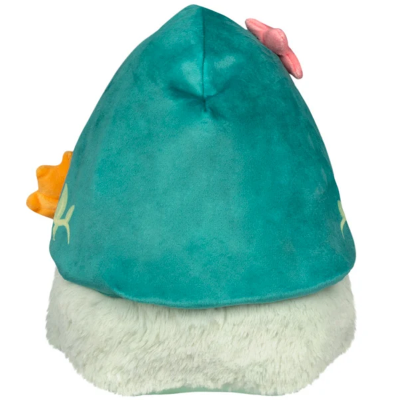A plush toy hat shaped like a teal fish with a fluffy white brim, featuring a pink starfish accent on top, a small orange accent on the side, and light green line details on a plain white background.