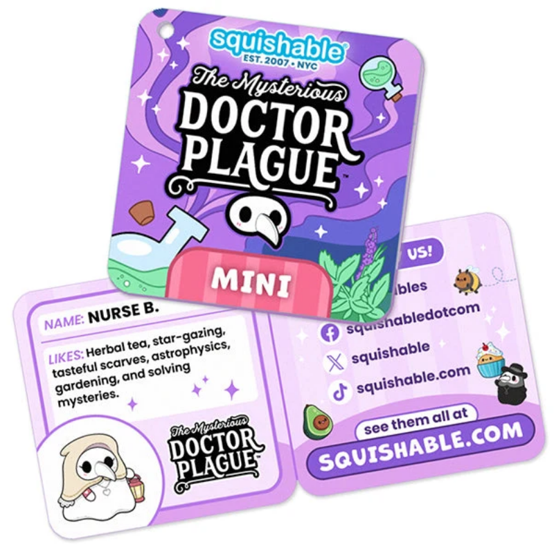 Two 'The Mysterious Doctor Plague' tags by Squishable on a white background