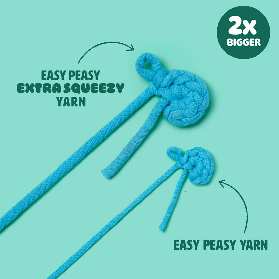 A product comparison graphic showing two knotted strands of bright blue yarn on a mint green background. The larger top knot is labeled 'EASY PEASY EXTRASQUEEZY YARN' and the smaller bottom knot is labeled 'EASY PEASY YARN'.