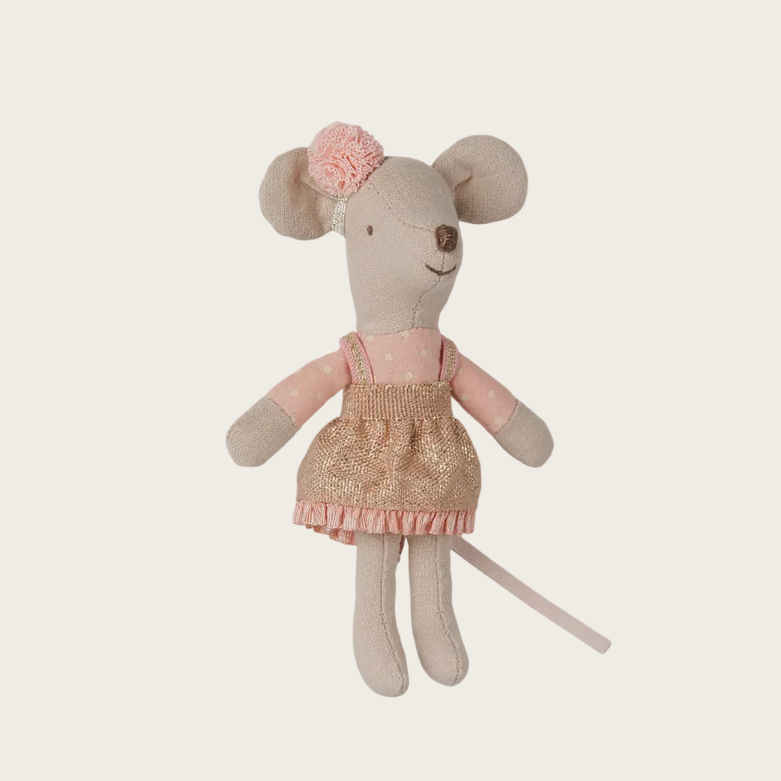 A product listing page showing a small plush mouse doll wearing a pink dress and bow headband.