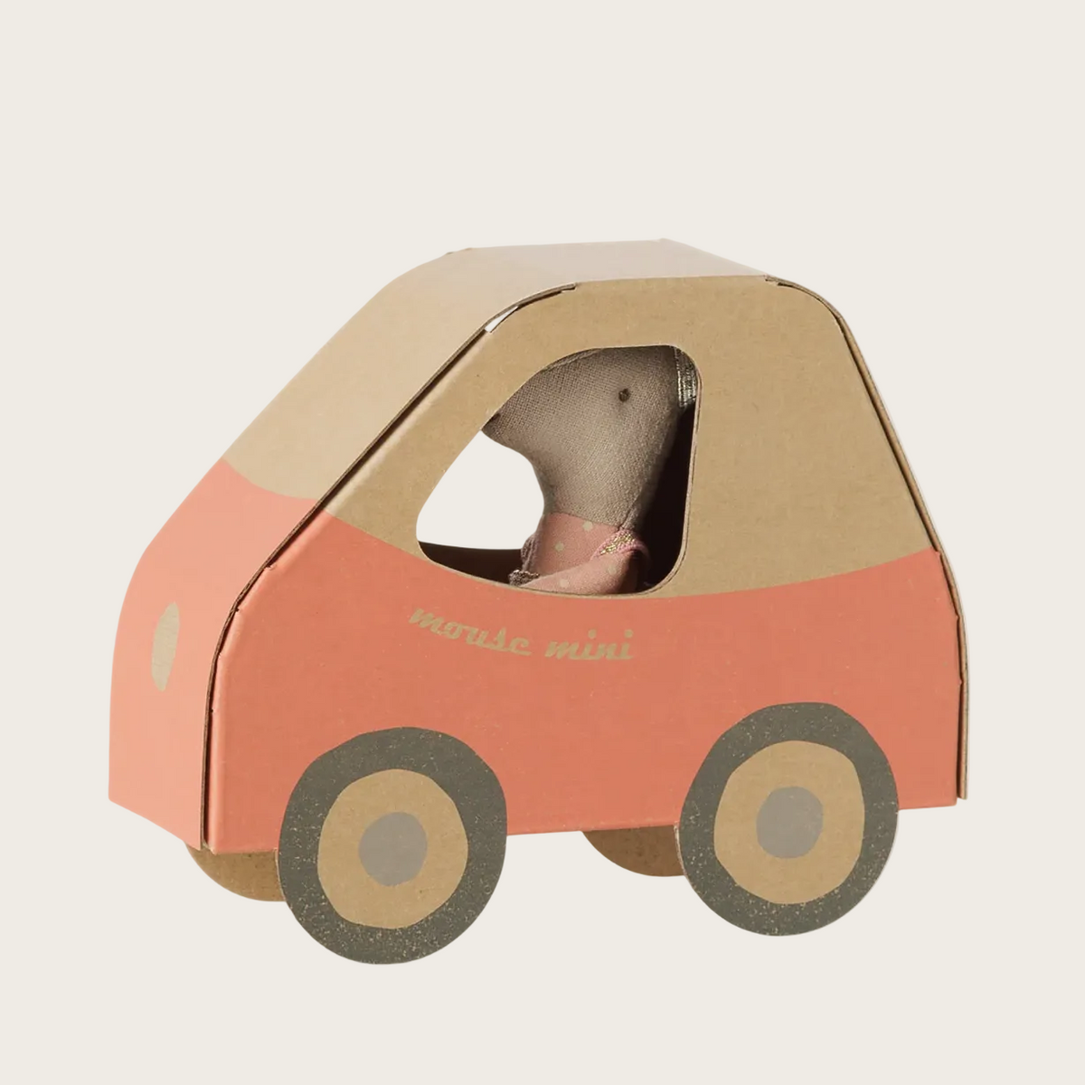 A product listing page showing a handmade wooden toy car with a mouse inside. The car features a pink and light brown wood-grain finish with gray wheels.