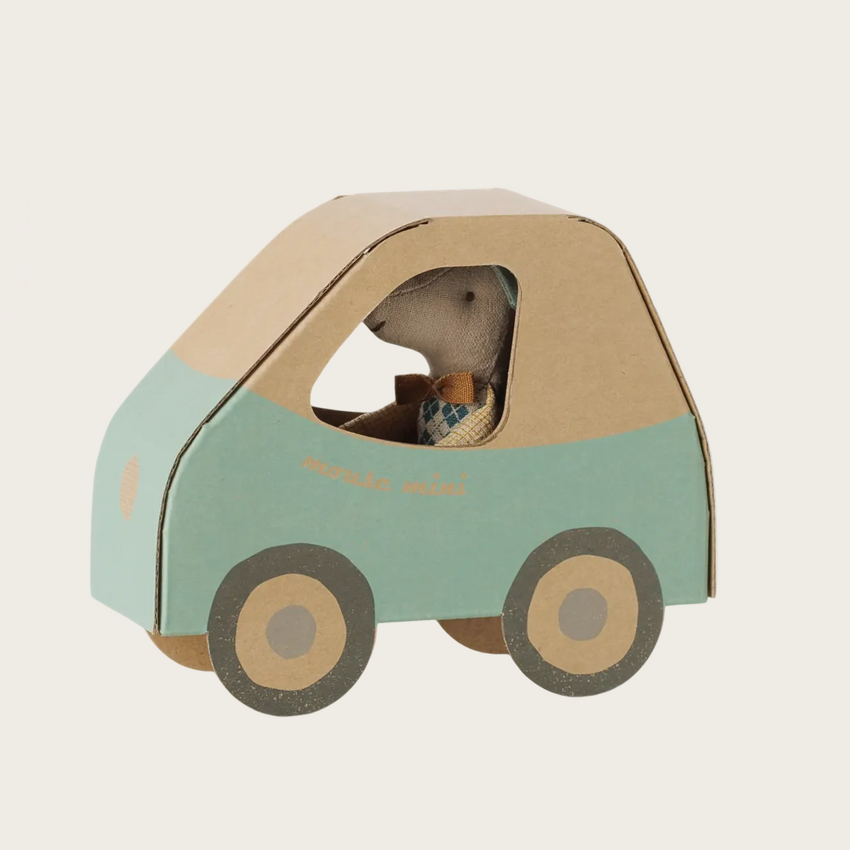 A product listing screenshot for a handmade cardboard toy car with a plush mouse inside.